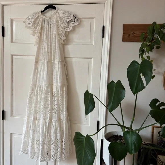 Ulla Johnson Gianna White Eyelet Midi Dress Size 0 XS Tiered Tasseled Boho Bride - Picture 14 of 16